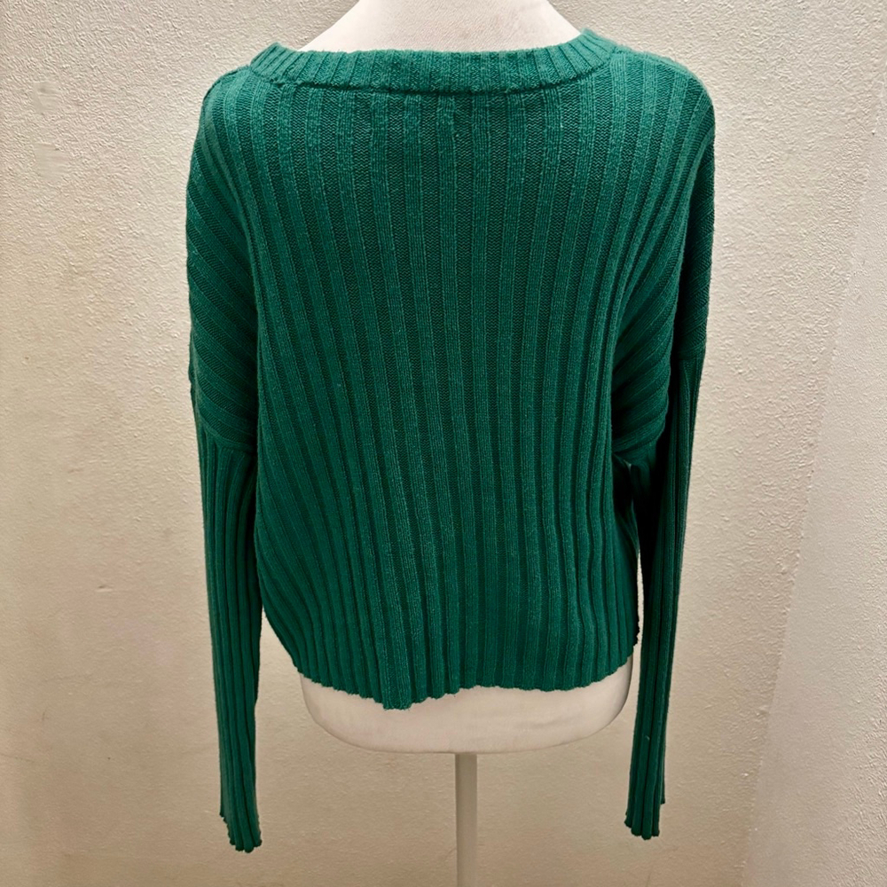American Eagle Green Boxy Ribbed Button Up Cropped Cardigan Sweater M - Picture 8 of 10